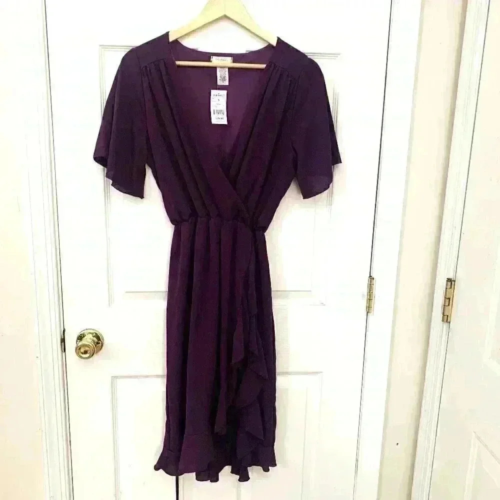 NWT LA GYPSY Purple dress with ruffles down side slit SIZE SMALL